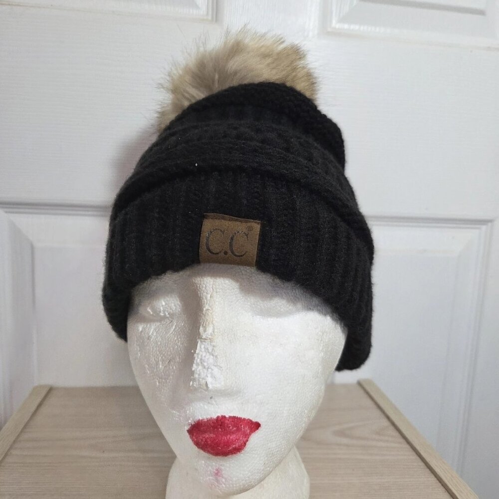 CC Black Knit Beanie with Faux Fur Pom Pom One Size